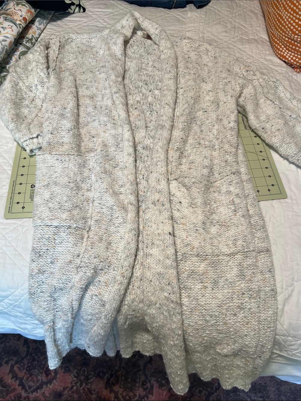 Anthropologie PILCRO Cream Flecked Open-Front Knit Cardigan with 2 large pockets